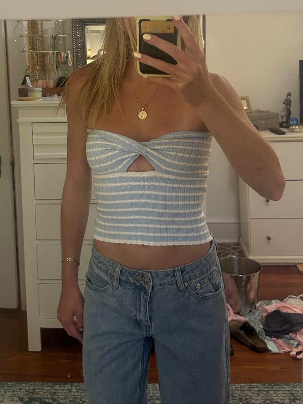 Blue and White Striped Knit Tube Top
